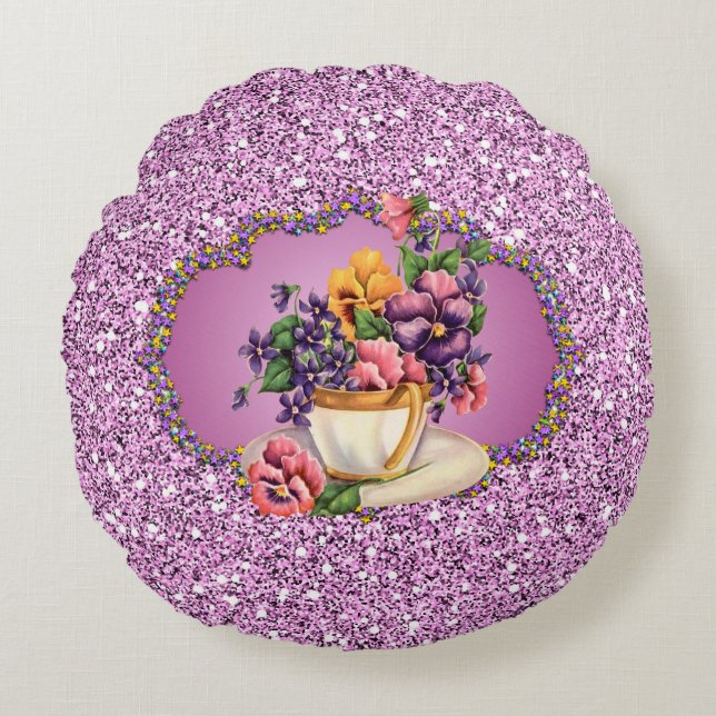Pretty Pansies in Teacup Lavender Faux Glitter Round Cushion (Front)