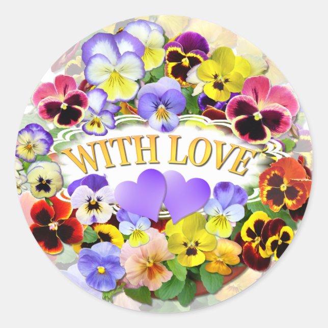 Pretty Pansies With Love and Hearts Classic Round Sticker (Front)