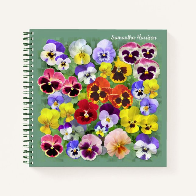 Pretty Pansy Collage Custom Name Notebook (Front)