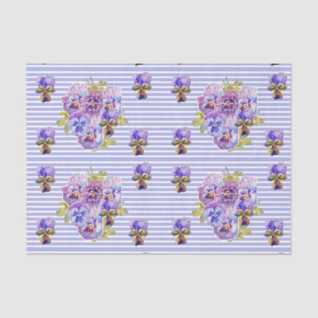 Pretty Pansy Flower Floral Lavender Stripe Pattern Tissue Paper (Front)