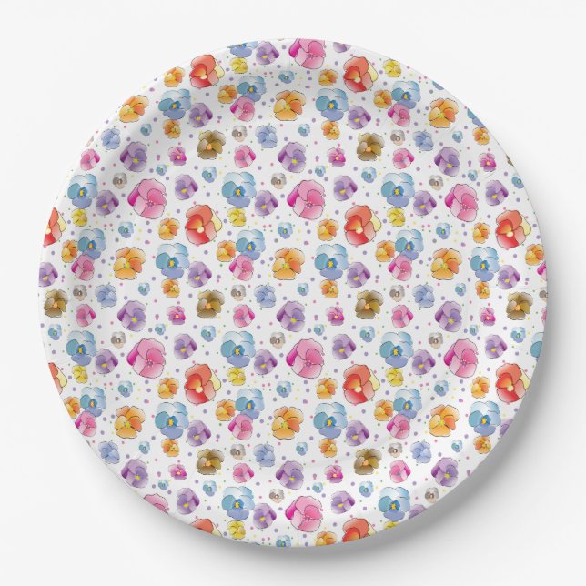 Pretty Pansy Summer Floral Illustration Pattern Paper Plate (Front)