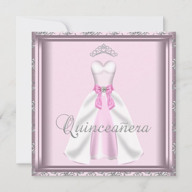 Pretty Party Dress Pink and Grey Quinceanera Invitation (Front)