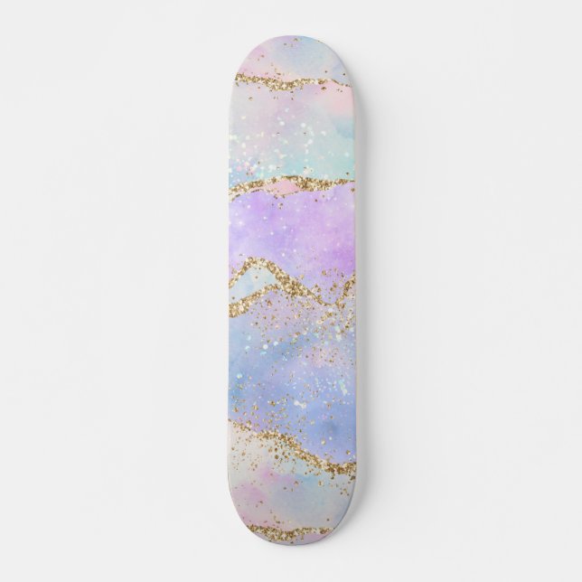 Pretty Pastel Agate | Gold Glitter Vein Watercolor Skateboard (Front)