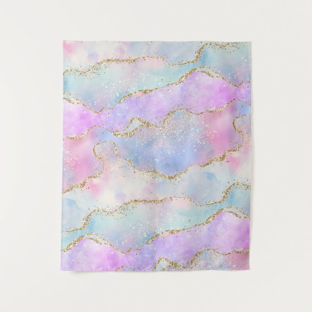 Pretty Pastel Agate | Gold Glitter Vein Watercolor Tapestry (Front)