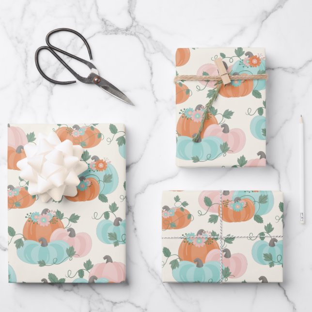 Pretty Pastel Autumn Floral Pumpkin Pattern  Wrapping Paper Sheet (Front)