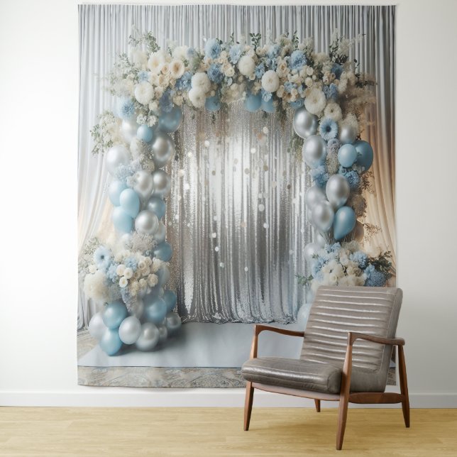 Pretty Pastel Blue Balloon Arch Hanging Tapestry (In Situ)
