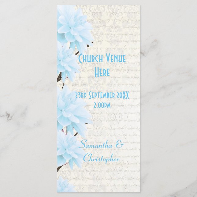 Pretty pastel blue floral church wedding program programme (Front)