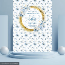 Pretty pastel blue flowers gold baby shower banner