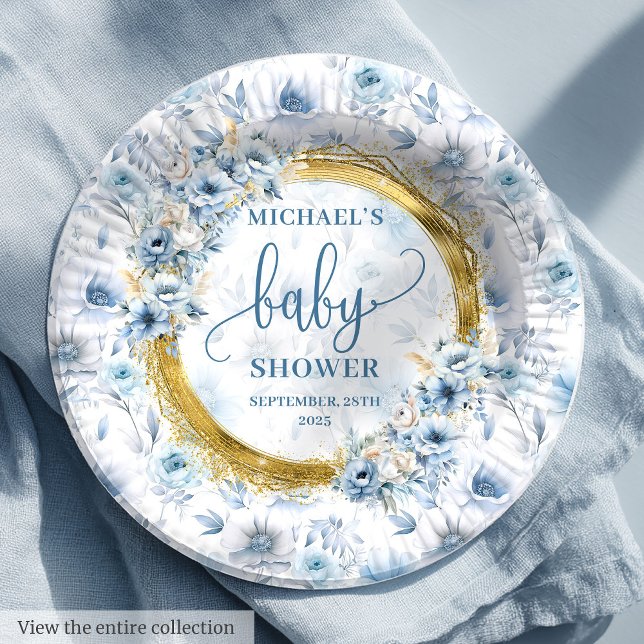 Pretty pastel blue watercolor flowers gold shower  paper plate (Pretty pastel blue watercolor flowers gold shower Paper Plates )