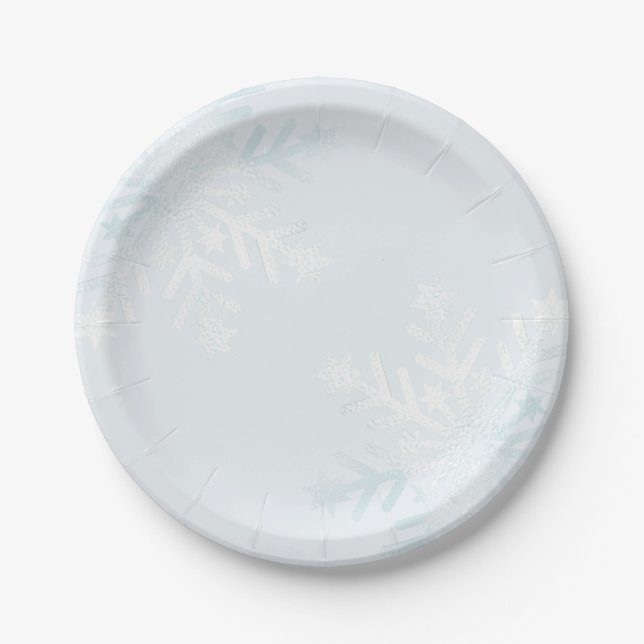 Pretty Pastel Blue Winter Quince Snowflakes Paper Plate (Front)