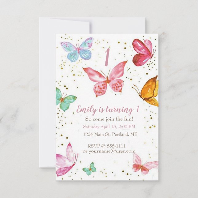 Pretty pastel butterflies baby birthday party invitation (Front)