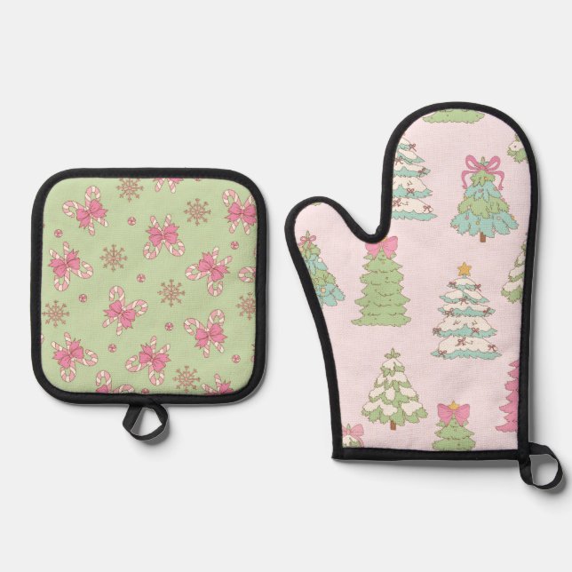 Pretty Pastel Christmas Trees and Bows Oven Mitt & Pot Holder Set (Front)