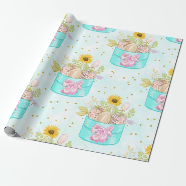 PRETTY PASTEL COLORFUL EASTER BASKETS WRAPPING PAPER (Unrolled)
