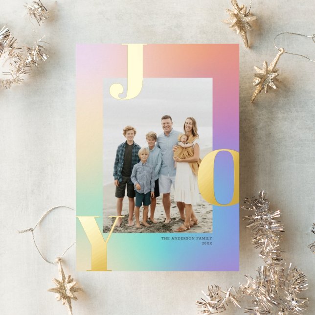 Pretty Pastel Colour Gradient JOY Christmas Photo Foil Holiday Card (Creator Uploaded)