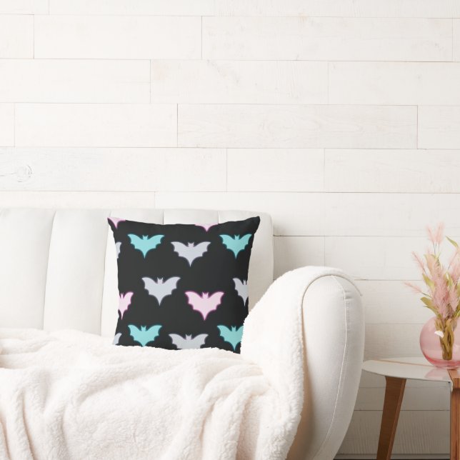 Pretty Pastel Coloured Bats Black Halloween Cushion (Couch)