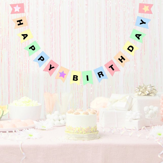 Pretty Pastel Colours Aesthetic Happy Birthday Bunting (Pastel Birthday Bunting Flags )