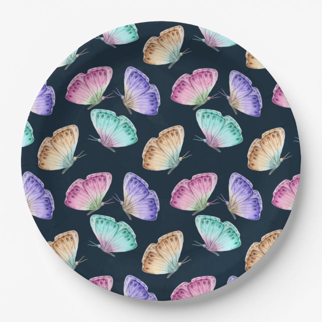 Pretty Pastel Colours Watercolor Butterfly Pattern Paper Plate (Front)