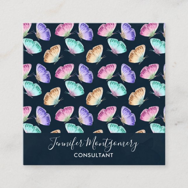 Pretty Pastel Colours Watercolor Butterfly Pattern Square Business Card (Front)
