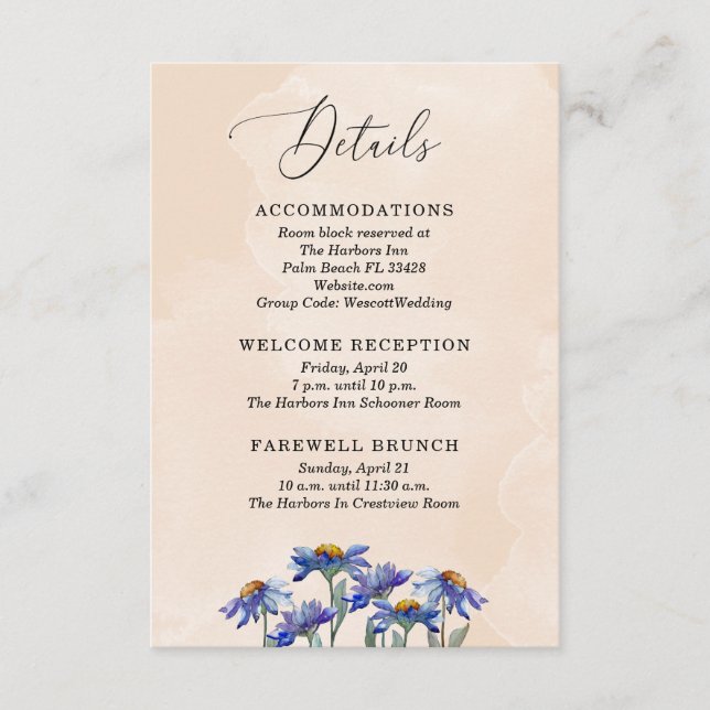 Pretty Pastel Coral Purple Daisies Wedding Details Enclosure Card (Front)