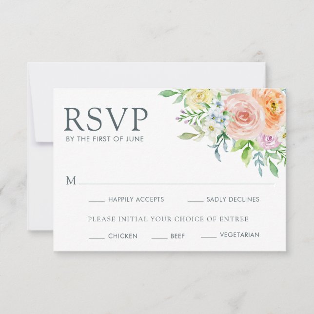 Pretty Pastel Floral Meal Choice Wedding RSVP Card (Front)