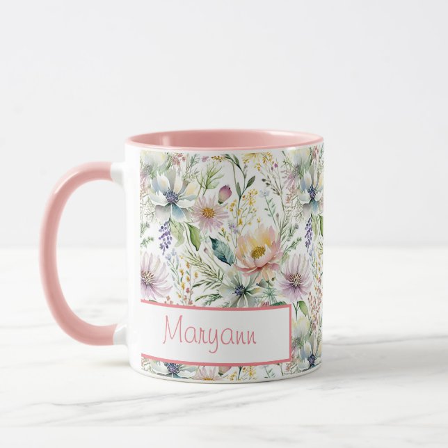 Pretty pastel floral pattern personalised mug (Left)