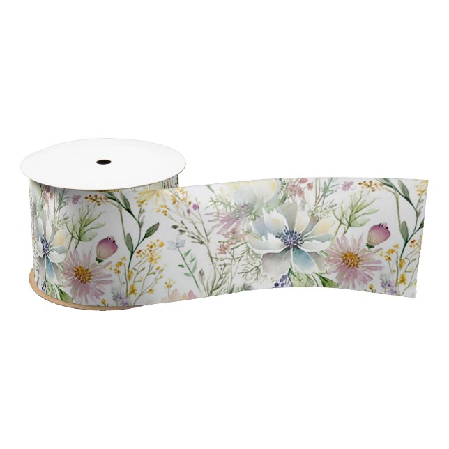 Pretty pastel floral pattern satin ribbon (Spool)