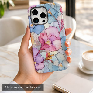 Pretty Pastel Floral Stained Glass Pink & Blue iPhone 15 Pro Max Case