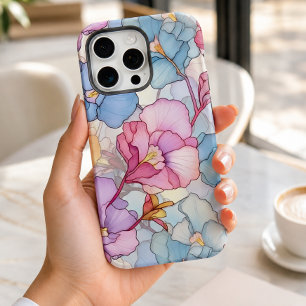 Pretty Pastel Floral Stained Glass Pink & Blue iPhone 15 Pro Max Case