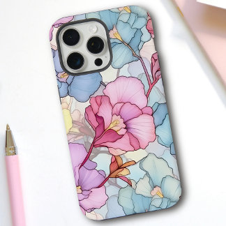 Pretty Pastel Floral Stained Glass Pink & Blue iPhone 15 Pro Max Case
