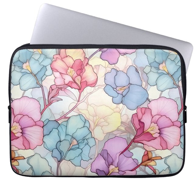 Pretty Pastel Floral Stained Glass Pink & Blue Laptop Sleeve (Front)