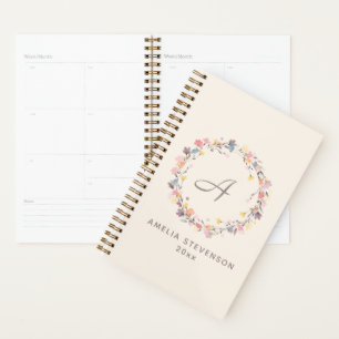 Pretty Pastel Floral Wreath Monogram Personalised Planner