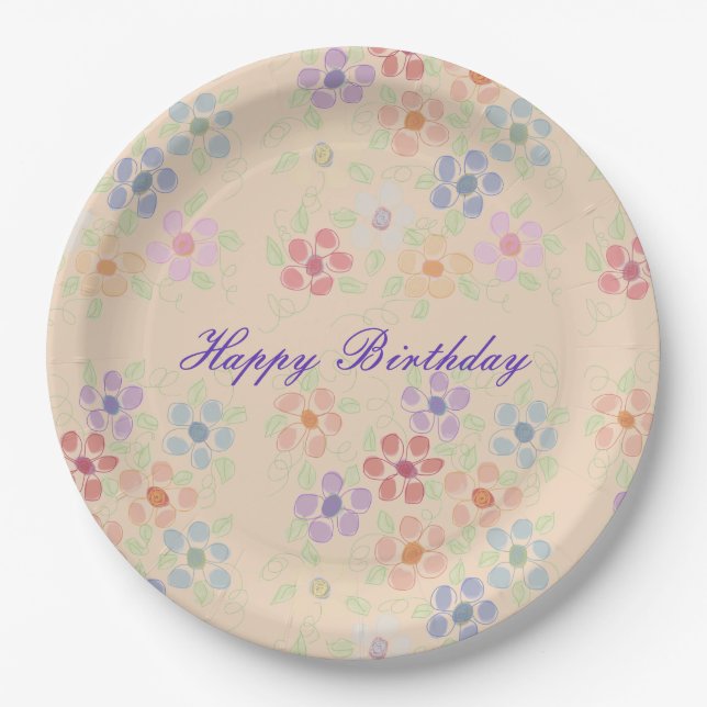Pretty Pastel Flowered Paper Birthday Plates (Front)