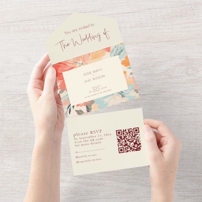 Pretty pastel flowers wedding invitation and RSVP (Tearaway)