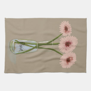 Pretty Pastel Gerbera Flower +Custom Name Tea Towel