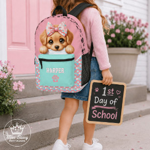 Pretty Pastel Girl Puppy Homework Eater Kids Printed Backpack