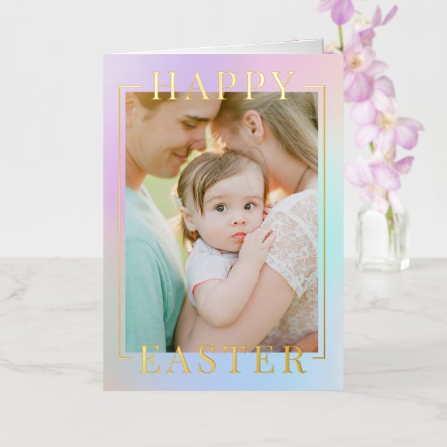 Pretty Pastel Gradient Happy Easter Photo Gold Foil Holiday Card (Orchid)