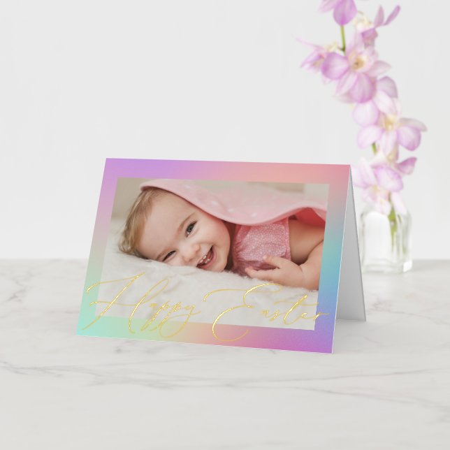 Pretty Pastel Gradient Happy Easter Photo Gold Foil Holiday Card (Orchid)