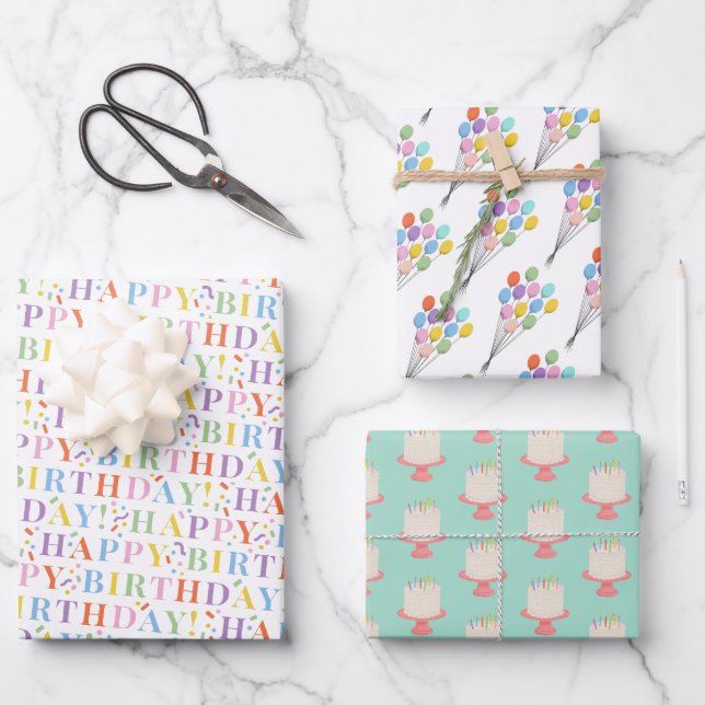Pretty Pastel Happy Birthday Mix Wrapping Paper Sheet (Front)