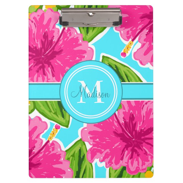 Pretty Pastel Hibiscus Motif Name Monogram Clipboard (Front)