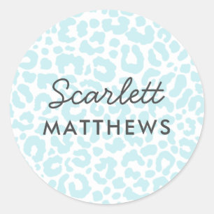 Pretty Pastel Leopard Print Name Blue Classic Round Sticker