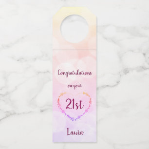 Pretty pastel pink 21st birthday design bottle tag