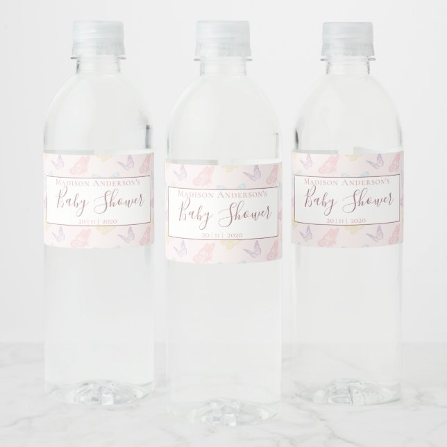 Pretty Pastel Pink Butterfly Pattern Baby Shower Water Bottle Label (Bottles)