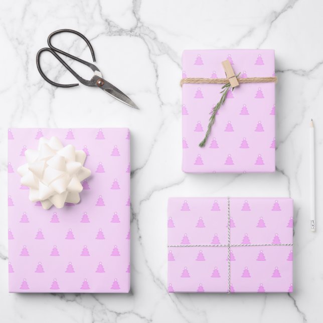 Pretty Pastel Pink Christmas Trees Pattern Wrapping Paper Sheet (Front)