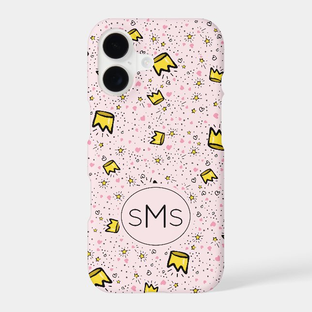 Pretty Pastel Pink Crown Doodle Pattern Monogram (Back)