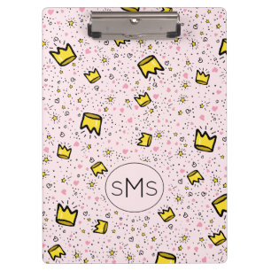 Pretty Pastel Pink Crown Doodle Pattern Monogram Clipboard