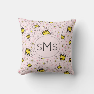 Pretty Pastel Pink Crown Doodle Pattern Monogram Cushion