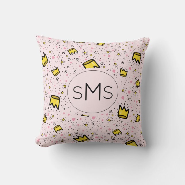 Pretty Pastel Pink Crown Doodle Pattern Monogram Cushion (Front)