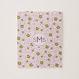 Pretty Pastel Pink Crown Doodle Pattern Monogram Jigsaw Puzzle