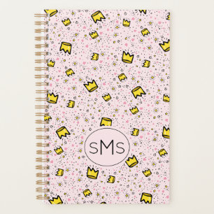 Pretty Pastel Pink Crown Doodle Pattern Monogram Planner