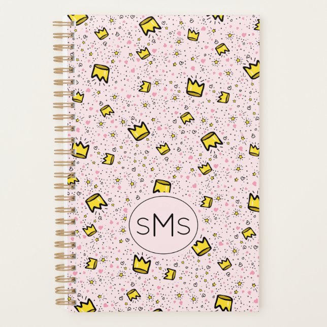 Pretty Pastel Pink Crown Doodle Pattern Monogram Planner (Front)